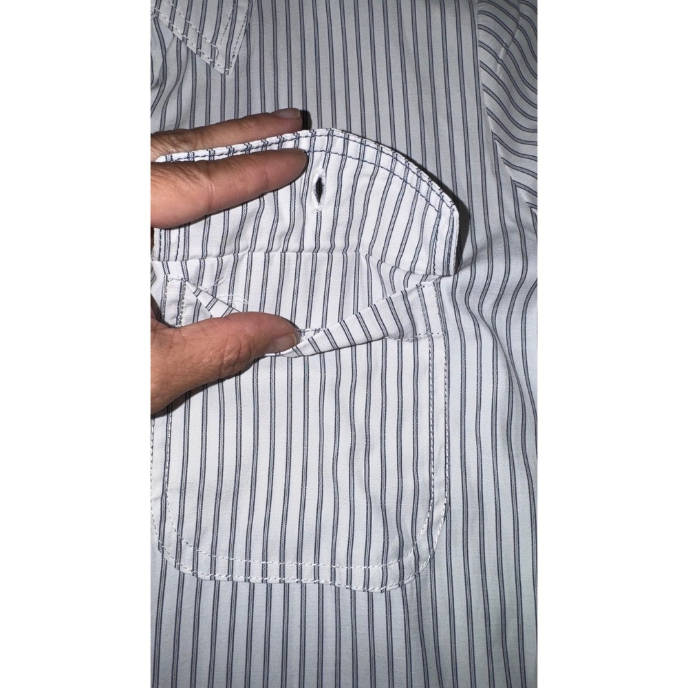 Max Studio London Womens XS Striped Button Down Shirt Roll Tab Sleeve Navy White - Picture 8 of 12